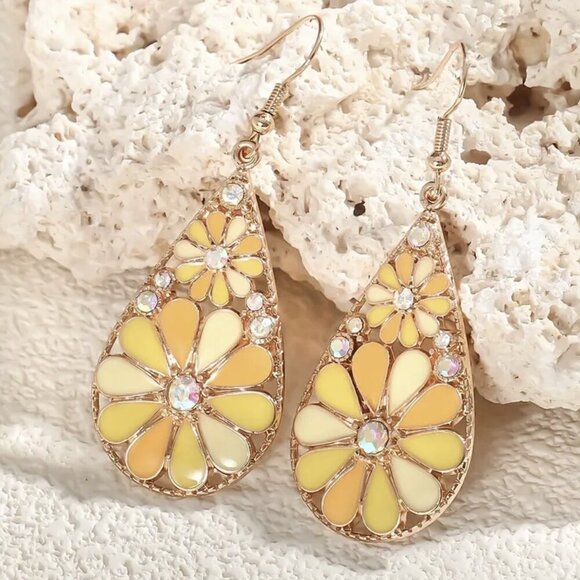 Mosaic Flower Dangle Earrings Boho Glass Rhinestone Floral Statement NWT - Picture 6 of 8